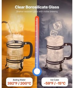 VEVOR French Press Coffee Maker 1L Borosilicate Glass Coffee Tea Press Silver