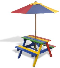 Τραπέζι Πικ-νικ Παιδικό με Παγκάκια / Ομπρέλα Πολύχρωμο Ξύλινο