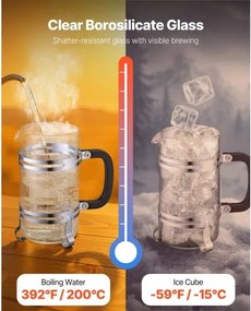 VEVOR French Press Coffee Maker 1L Borosilicate Glass Coffee Tea Press Silver