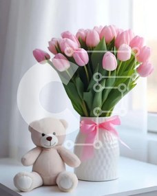 Intra Συλλεκτικό Ξύλινο Παζλ Plywood 4mm - Φρέσκες ροζ τουλίπες με αρκουδάκι Σε Ξύλινο Κουτί - Διαστάσεις Puzzle: 10x10 cm – 25 κομμάτια