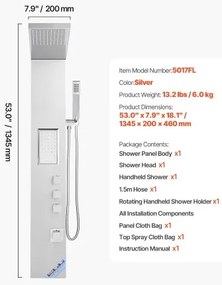 VEVOR Shower Panel Tower System Stainless Steel Column Rainfall Head Massage Jet