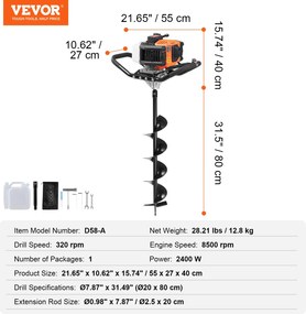 VEVOR Gas Post Hole Digger 63CC 2400W με τρυπάνια 20,3 cm &amp; 1 ράβδο επέκτασης