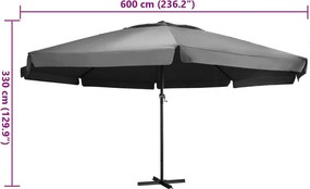 vidaXL Ομπρέλα Κήπου Ανθρακί 600 εκ. με Ιστό Αλουμινίου