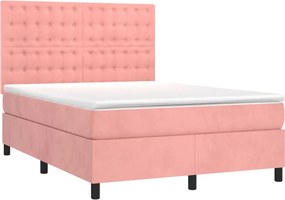 vidaXL Κρεβάτι Boxspring με Στρώμα &amp; LED Ροζ 140x200 εκ. Βελούδινο