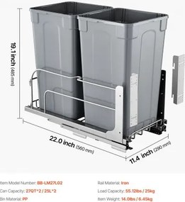 VEVOR Double Pullout Waste Container Kitchen Trash Can Soft Close Grey 27QTx2