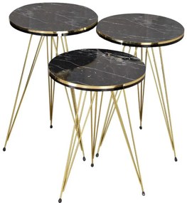 Τραπεζάκια σαλονιού Βοηθητικά Wakmi σετ 3 τεμ. σε μαύρο μάρμαρο μελαμίνη - χρυσό μέταλλο 33x33x55 εκ.
