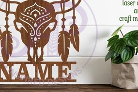 Intra απο ξύλο plywood 3mm-4mm πάχος - Σχέδιο με το όνομα του κρανίου και των φτερών αγελάδας Δίασταση 30x20 cm INTRAFABR-99904833