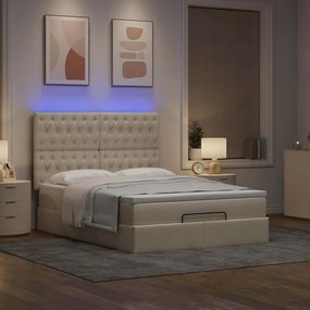 vidaXL Οθωμανικό κρεβάτι με στρώμα &amp; LEDs Cream 140x190cm Ύφασμα