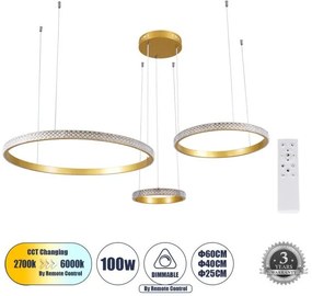 Κρεμαστό Φωτιστικό Οροφής LED Τρίφωτο 100W 12123lm DIAMOND ΤRIO Globostar-61143-Χρυσό 61143
