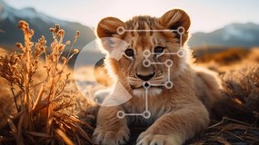 Σετ των 2 Intra Συλλεκτικό Ξύλινο Παζλ Plywood 4mm - Αξιολάτρευτο Lion Cub σε ένα χωράφι με βουνά Σε Ξύλινο Κουτί - Διαστάσεις: 10x10 cm – 25 κομμάτια