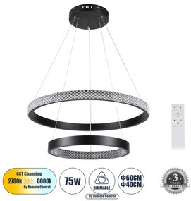 DIAMOND DUO 61150 Κρεμαστό Φωτιστικό Δαχτυλίδι-Κύκλος LED CCT 75W 8743lm 360° AC 220-240V - Εναλλαγή Φωτισμού μέσω Τηλεχειριστηρίου All In One