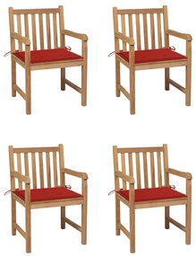 Καρέκλες Κήπου 4 τεμ. από Μασίφ Ξύλο Teak με Κόκκινα Μαξιλάρια