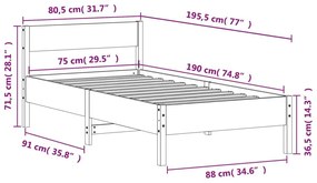 Σκελετός Κρεβατιού Χωρίς Στρώμα 75x190 εκ Μασίφ Ξύλο Πεύκου - Καφέ