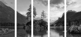 Εικόνα 5 μερών ασπρόμαυρο ορεινό τοπίο δίπλα στη λίμνη