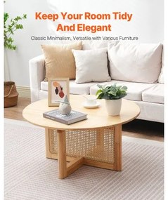 VEVOR Rattan Coffee Table Round Wood Coffee Table Single Tier for Living Room