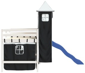 Υπερυψωμένο Κρεβάτι με Πύργο Λευκό/Μαύρο 90x200 εκ. Μασίφ Πεύκο - Μαύρο