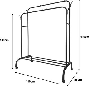 Διπλή Tροχήλατη Κρεμάστρα Δαπέδου 110x55x150cm με 1 Ράφι - Μαύρο