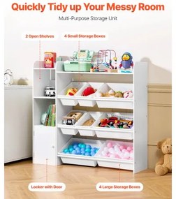 VEVOR 4-Tier Kids Toy Storage and Bookshelf with 8 Flexible Plastic Bins White