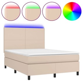 Κρεβάτι Boxspring Στρώμα&amp;LED Καπουτσίνο 140x200 εκ. Συνθ. Δέρμα - Καφέ