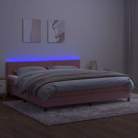 vidaXL Κρεβάτι Boxspring με Στρώμα & LED Ροζ 200x200 εκ. Βελούδινο