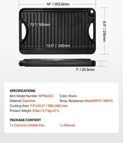 VEVOR 14x8.5 in Reversible Grill Griddle Pre-Seasoned BBQ Pan Cast Iron Black