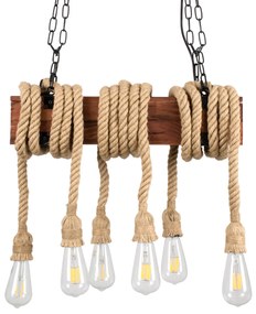 00606 GloboStar® VIKING 00606 Vintage Κρεμαστό Φωτιστικό Ράγα Πολύφωτο 6 x E27 IP20 Μαύρο Μέταλλο, Καφε Ξύλο με Μπεζ Σχοινί - Μ53 x Π11 x Υ96cm έως Y220cm max