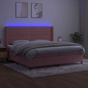 vidaXL Κρεβάτι Boxspring με Στρώμα & LED Ροζ 200x200 εκ. Βελούδινο