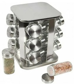 Spice Carousel Θήκες Μπαχαρικών Γυάλινες σε Περιστρεφόμενη Βάση Ασημί 12τμχ