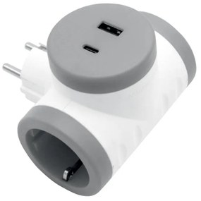 Adeleq Σταυρό Ταφ Σούκο Σε 2 Φις Θηλυκά Με USB Και Type C Θύρες Έως 20W Γκρι-Λευκό 15-884