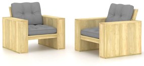 Καρέκλες Κήπου 2 τεμ. Εμποτ. Ξύλο Πεύκου &amp; Γκρι Μαξιλάρια - Γκρι