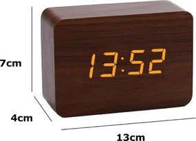 Ξύλινο Επιτραπέζιο Ψηφιακό Ρολόι με οθόνη LED, Ξυπνητήρι, Θερμόμετρο - Καφέ