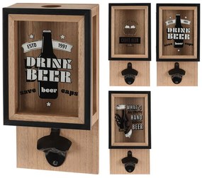 Aνοιχτήρι μπουκαλιών τοίχου με δοχείο συλλογής καπακιών, Ξύλινο, με διαστάσεις 15.5x8.3x30cm, σε 3 επιλογές σχεδίου