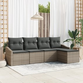 vidaXL 5 Τεμαχίων Σετ Καναπέ Κήπου με Μαξιλάρια Γκρι Πολυ Ρατάν