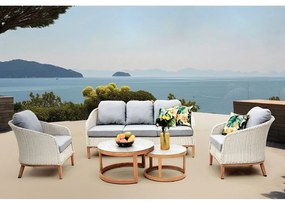 WOODWELL IBIZA Set Σαλόνι Κήπου: 3θέσιο +2 Πολυθρόνες+2 Τραπεζάκια ALU Φυσικό-Wicker Άσπρο-Μαξιλ.Γκρι 182x78x79-66x78x79-Φ80-Φ60cm Ε6875