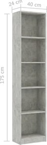 vidaXL Βιβλιοθήκη με 5 Ράφια Γκρι Σκυροδέμ. 40x24x175 εκ. Επεξ. Ξύλο