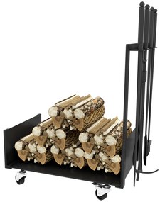 Outsunny Βάση για Ξύλα Τζακιού με Ρόδες, Πολλά Αξεσουάρ, Μεταλλικό Πλαίσιο, έως 60 kg, 48 x 30 x 76 cm, Μαύρο