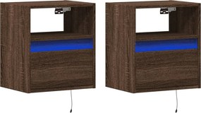 vidaXL Κομοδίνα Επιτοίχια με Φώτα LED 2 τεμ. Καφέ Δρυς