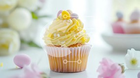 Intra Συλλεκτικό Ξύλινο Παζλ Plywood  4mm - Κίτρινο Cupcake με λουλούδια στο τραπέζι Σε Ξύλινο Κουτί - Διαστάσεις: 10x10 cm – 25 κομμάτια