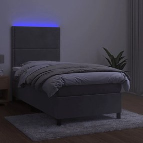vidaXL Κρεβάτι Boxspring με Στρώμα &amp; LED Αν.Γκρι 90x190 εκ. Βελούδινο