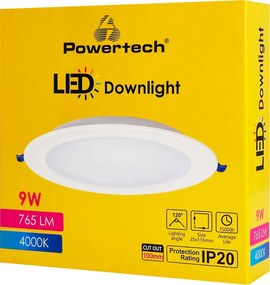 POWERTECH LED φωτιστικό downlight PT-1559, 9W, Φ116x25mm, 4000K, 765lm, λευκό