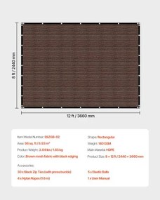 VEVOR 90% Sun Shade Cloth Privacy Screen 8 x 12 ft for Patio Garden (Brown)