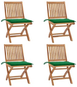 Καρέκλες Κήπου Πτυσσόμενες 4 τεμ. Μασίφ Ξύλο Teak με Μαξιλάρια - Πράσινο