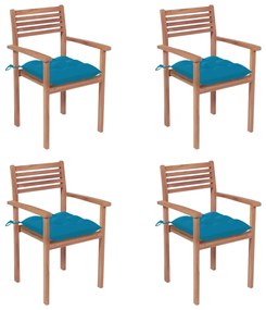 vidaXL Καρέκλες Κήπου 4 τεμ. από Μασίφ Ξύλο Teak με Γαλάζια Μαξιλάρια
