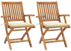 vidaXL Καρέκλες Κήπου 2 τεμ. από Μασίφ Ξύλο Teak με Κρεμ Μαξιλάρια