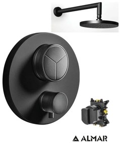 Almar Black matt Ανακλινόμενη κεφαλή 20εκ+Thermo-Core Push Θερμοστατικός μίκτης εντοιχισμού 3 εξόδων+κιτ εντοιχισμού