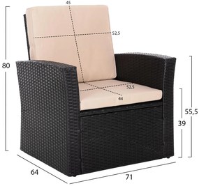 Σετ Κήπου Σαλόνι THORE 4 τεμ με Μαύρο Rattan &amp; Μπέζ Μαξιλάρια