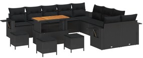 vidaXL Σετ Κήπου 14 Τεμαχίων με Μαξιλάρια Μαύρο Πολυ Ρατάν Ξύλο