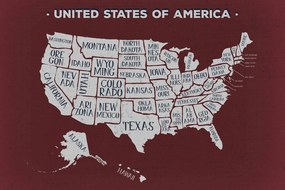 Εικόνα στον εκπαιδευτικό χάρτη των ΗΠΑ από φελλό με φόντο μπορντό - 90x60  flags