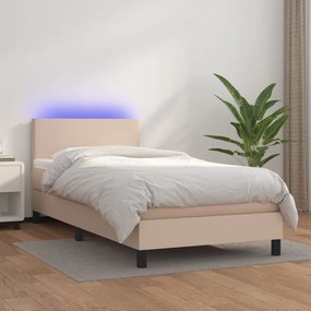 Κρεβάτι Boxspring Στρώμα&LED Καπουτσίνο 90x200 εκ. Συνθ. Δέρμα