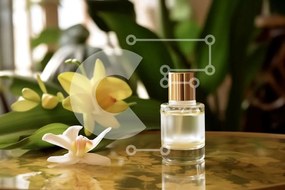 Intra Συλλεκτικό Ξύλινο Παζλ Plywood 4mm - Κομψό μπουκάλι αρώματος με λεπτό λουλούδι ορχιδέας Σε Ξύλινο Κουτί - Διαστάσεις Puzzle: 10x10 cm – 25 κομμάτια